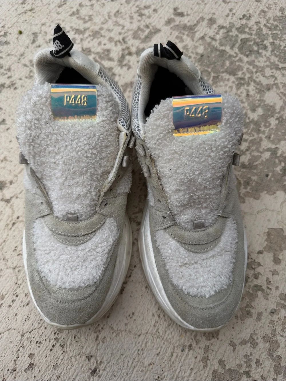 P448 White & Gray Sherpa-Trim Athletic Sneakers with Holographic Logo